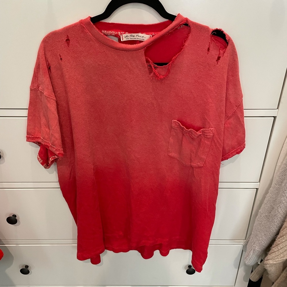 Free people distressed collar red t shirt.